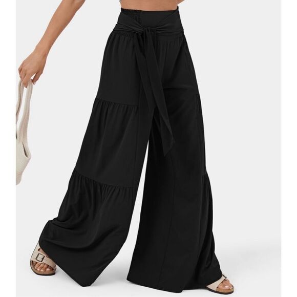 NWT Gorgeous XL High Waisted Black Tie Front/Back Wide Leg Flowy Tiered Pants - Picture 2 of 12